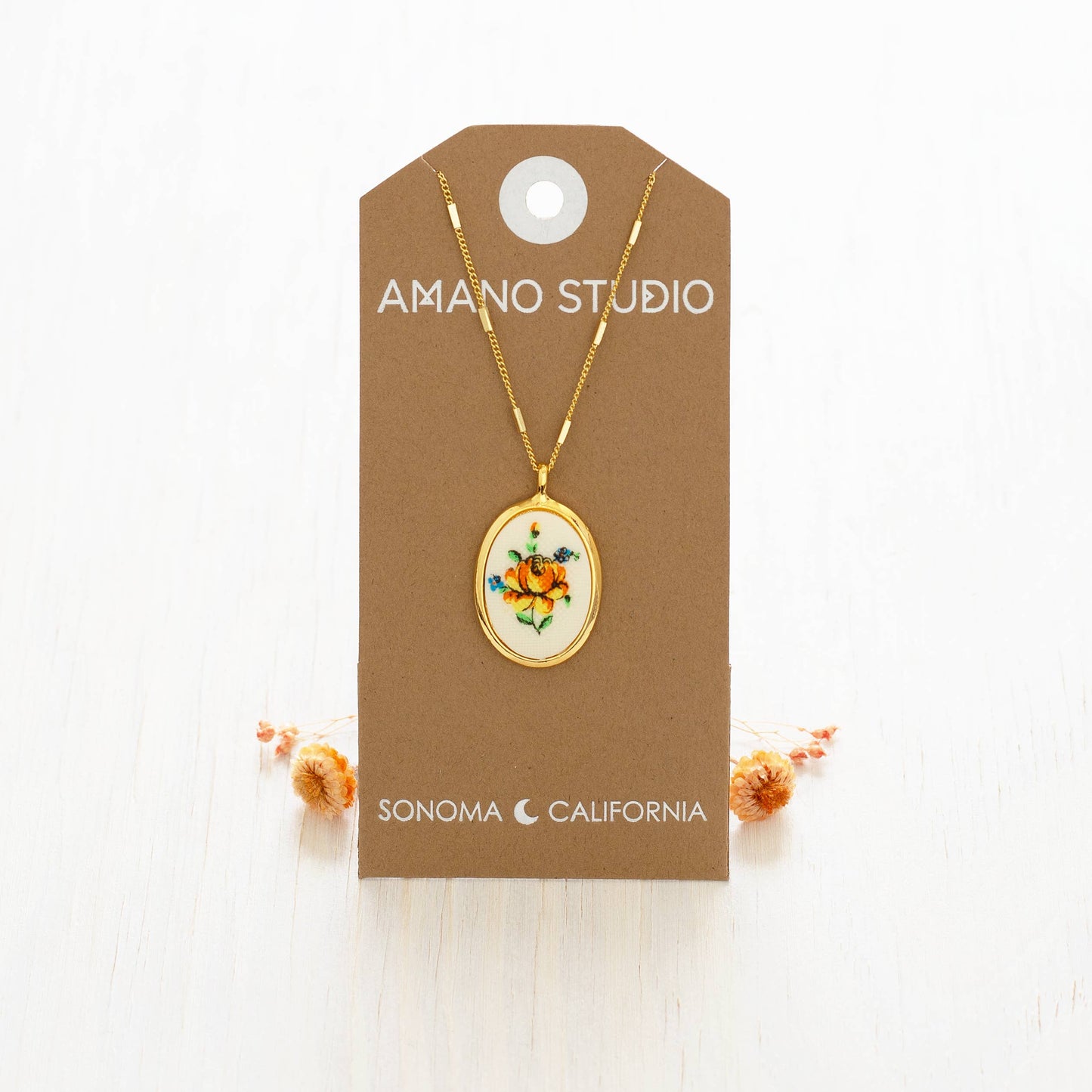 Needlepoint Yellow Flower Vintage Cameo Necklace