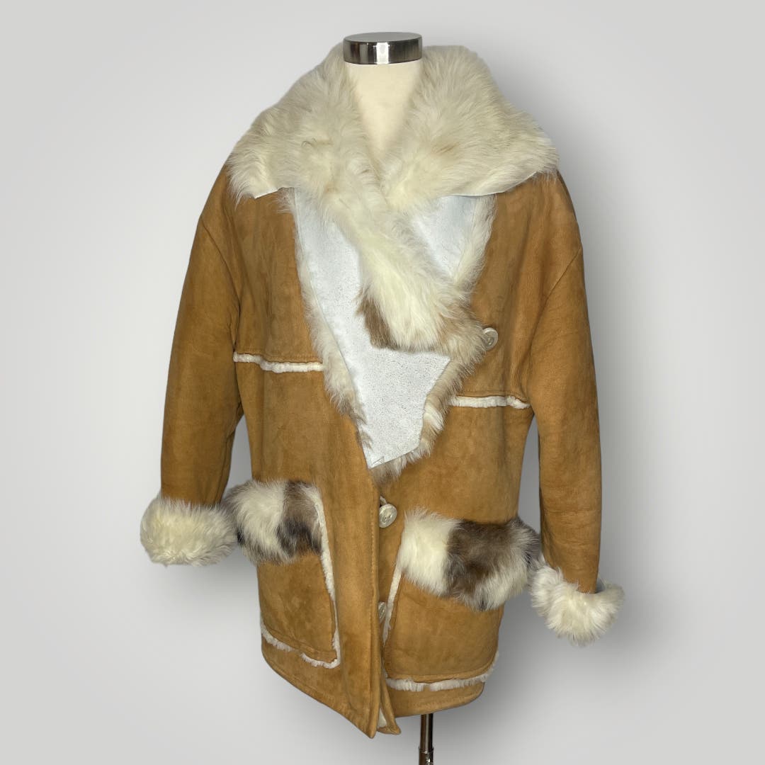 Vintage Coat Overland Sheepskin CO Split Pelt Collar Mid Length Antler Button L