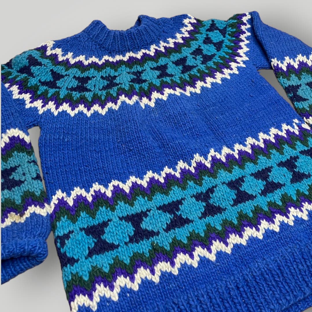 Vintage Handmade Sweater 100% Wool Handknit Ecuador Bright Blue Men's Large