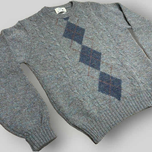 Vintage Shetland Wool Crewneck Pullover Argyle Lord Jeff 1970s Gray Blue Large