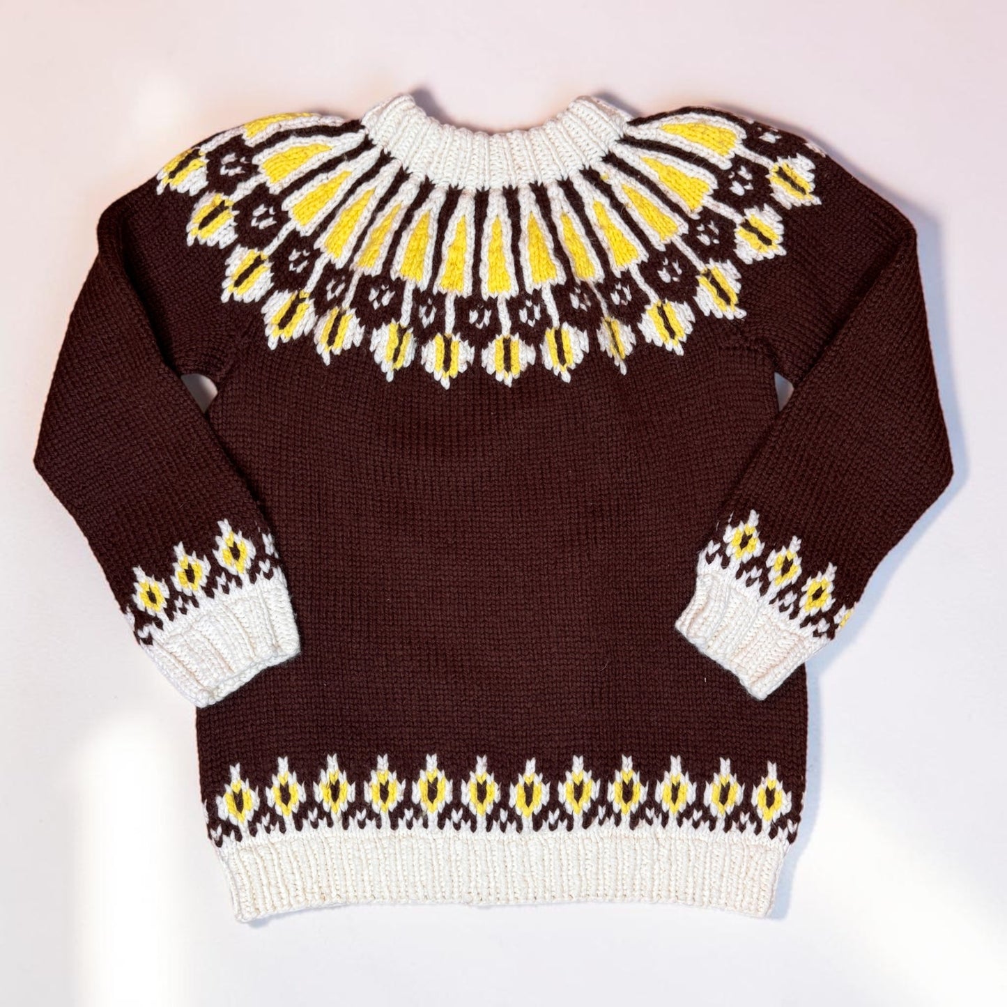 Vintage Handmade Handknit Fair Isle Sweater Wool Brown Yellow White Women's Med