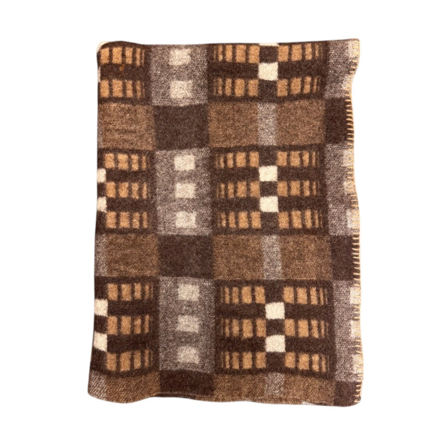 Vtg Brown Wool Blanket Bound Edges Throw Blanket Geometric Pattern 76"x49"
