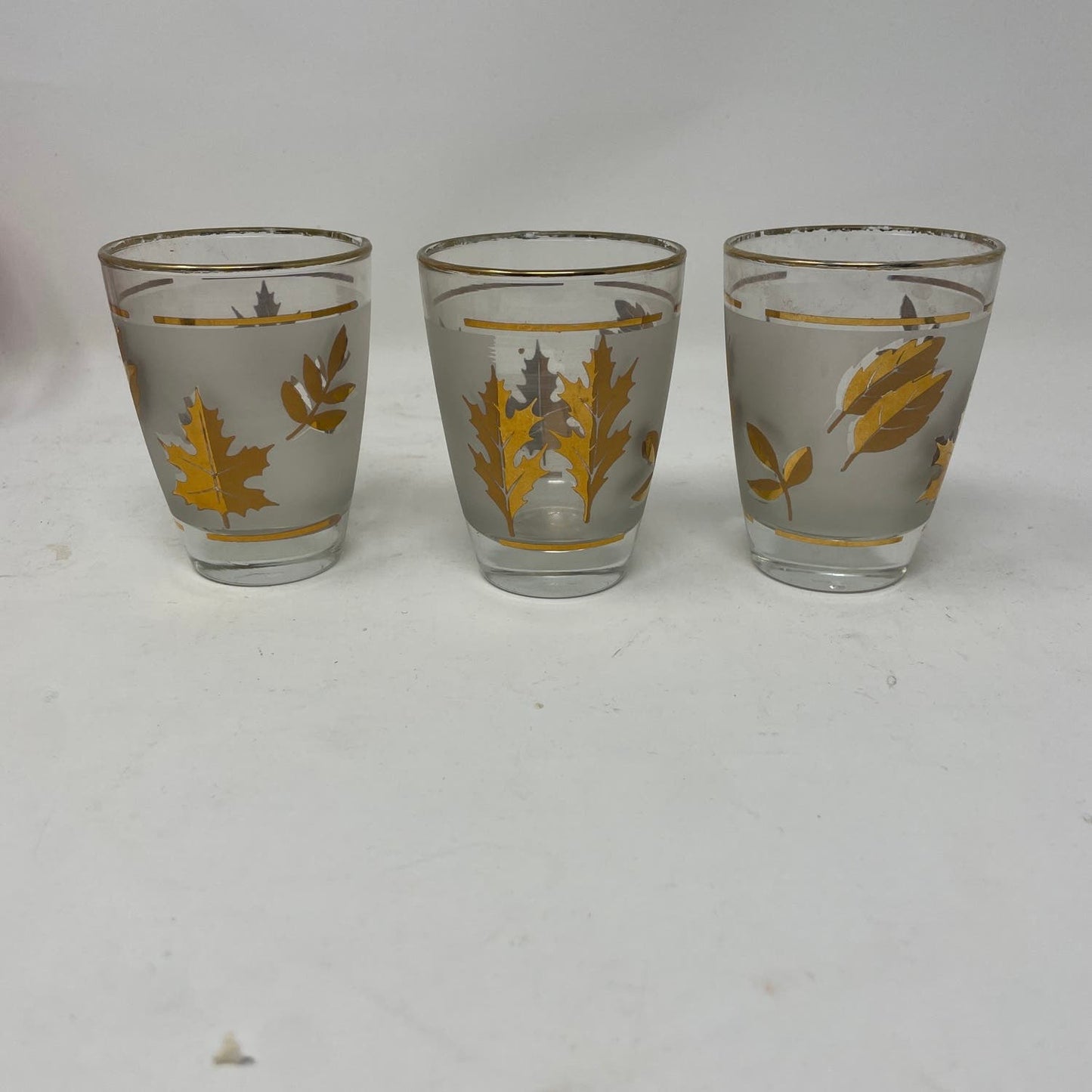 Vintage Libbey Golden Foliage Juice Glasses Retro MCM Barware Gold Frosted Leaves