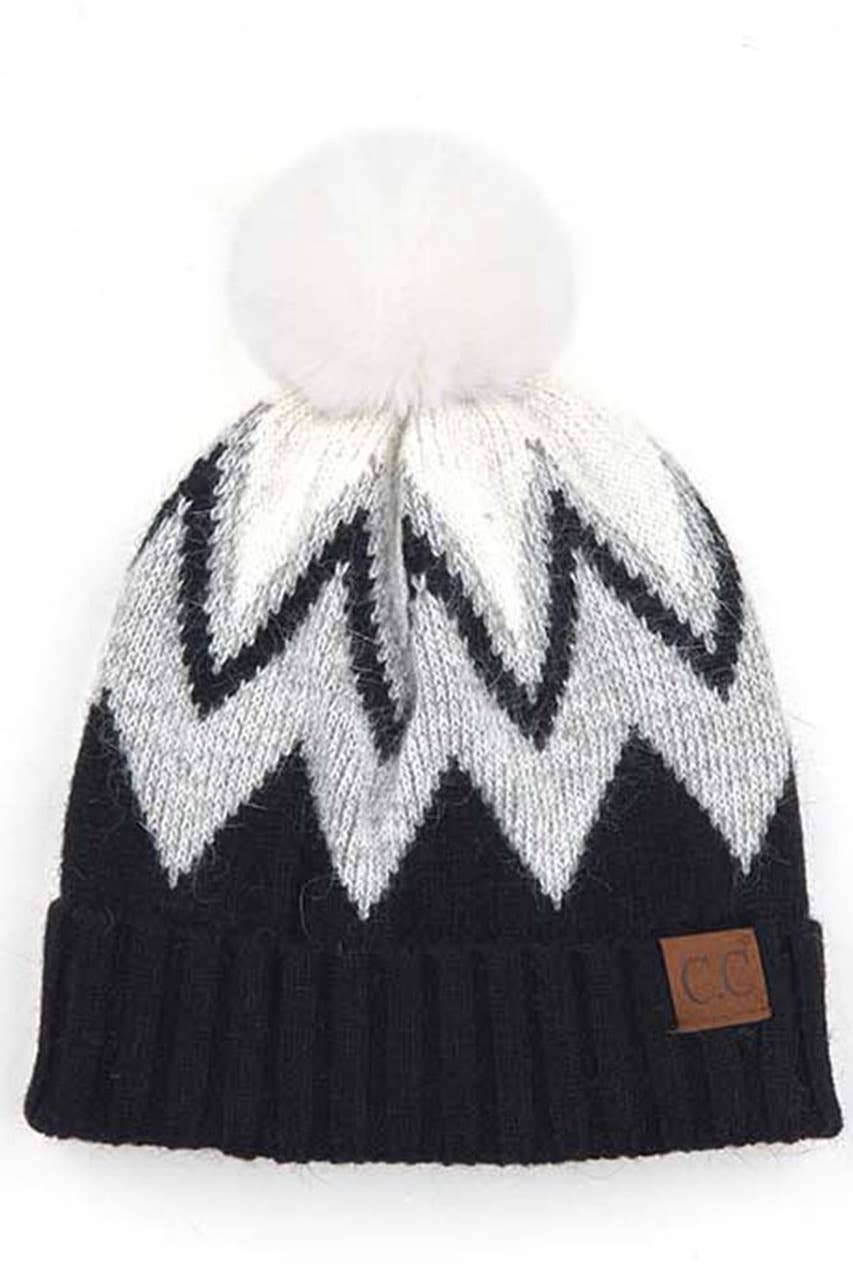 C.C Chevron Knit Beanie With Pom