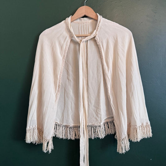 Antique Vintage Silk 1920s Cream Capelet Cape Fringed Trim Pintuck Elegant