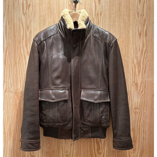 Vintage Andrew Marc Leather Brown Bomber with Faux Fur Collar Men's Medium