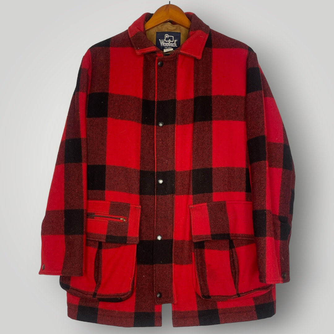 Vintage 1990s Woolrich Buffalo Plaid Wool Mackinaw Hunting Coat Jacket Size M