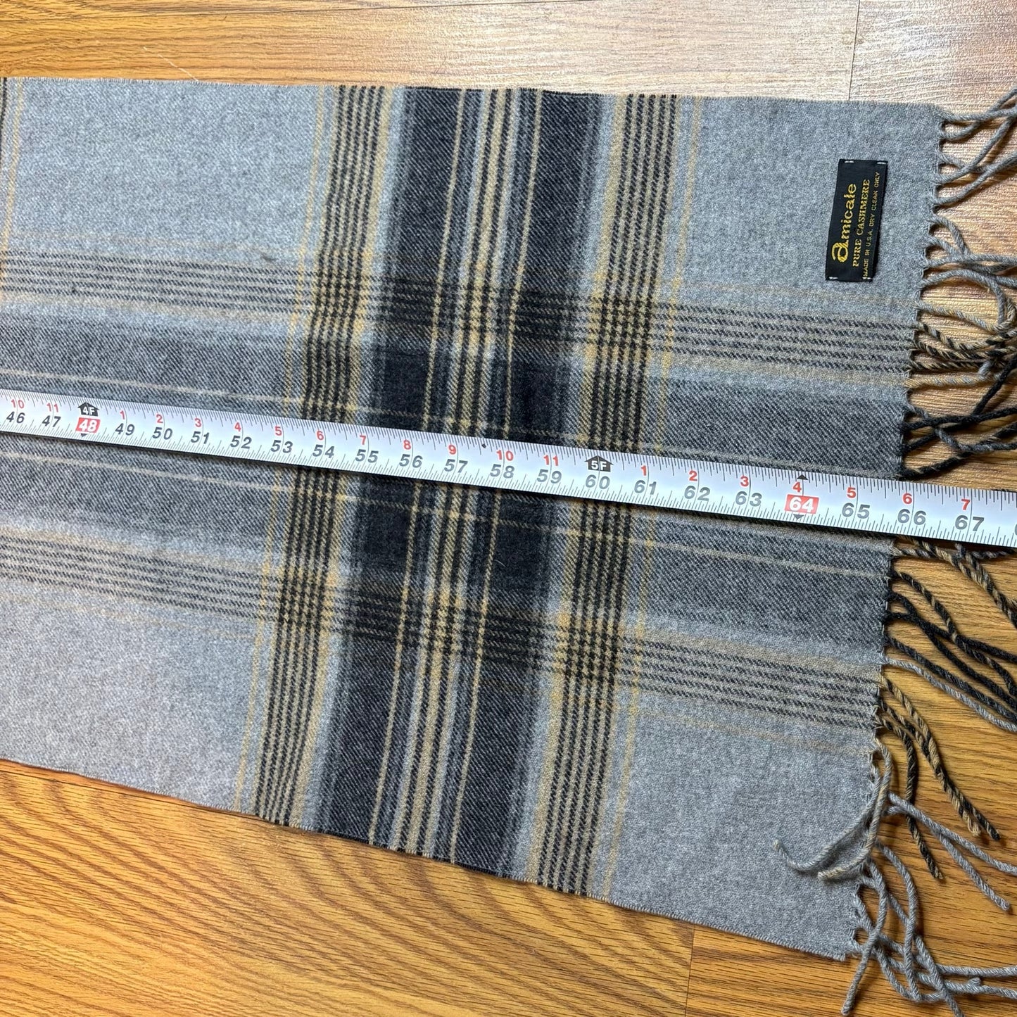 Vintage Pure Cashmere Scarf Plaid Gray Black Tan Fringe USA Made