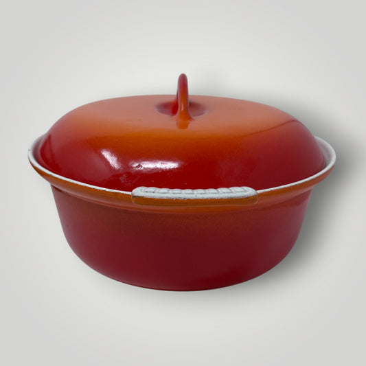 Vtg Descoware Belgium Vintage Enamel Cast Iron Dutch Oven Flame Orange Red 2QT