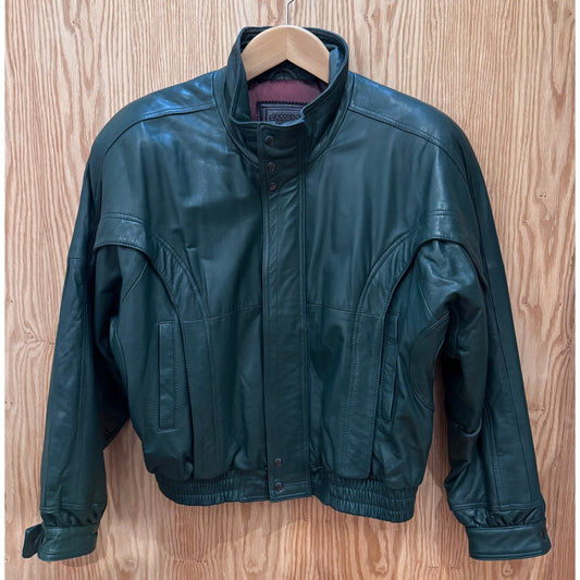Vintage Saxony Leather Jacket Bomber Dark Green Rare 1990s Men's L