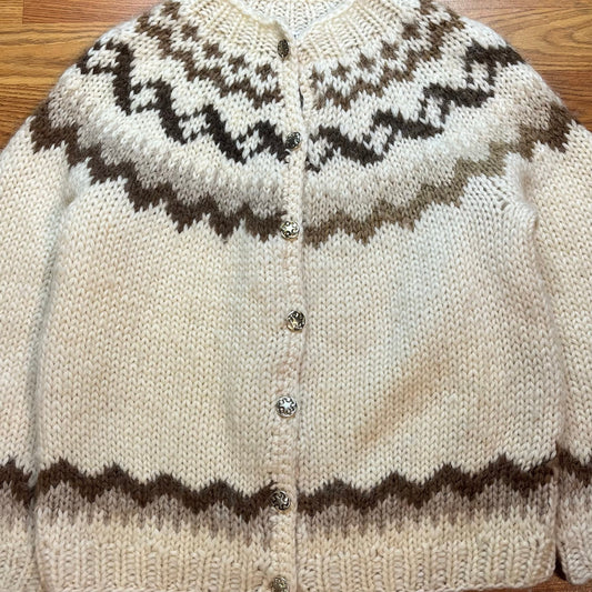 Vtg 1980s Icelandic Sweater 100% Pure Wool Hand Knit Nordic Cardigan Womens M