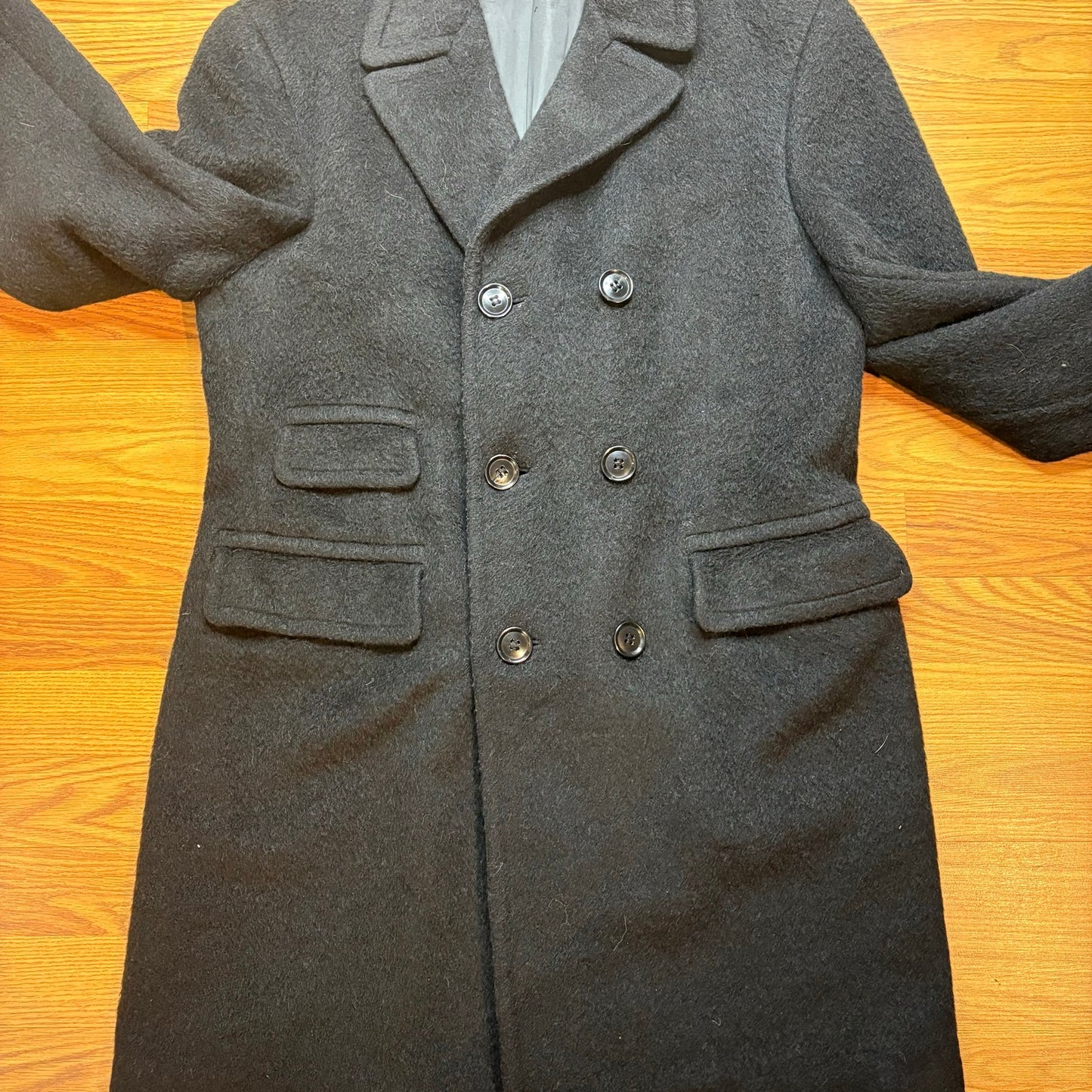 Vintage 1960s Custom Tailored Wool Overcoat Peacoat Black Mens Large Hong Kong