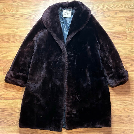 Vtg 1960s Lloyds Furs Denver Mouton Fur Coat Womens XL Brown Genuine Fur Long