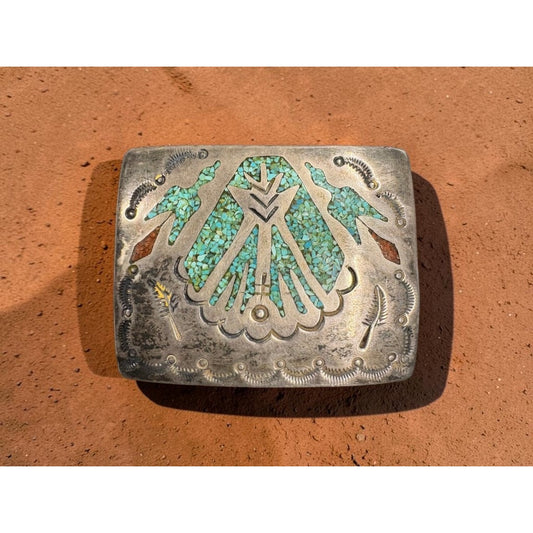 Vintage Signed Early Navajo Sterling Belt Buckle Turquoise Coral Chip Inlay Teepee Birds