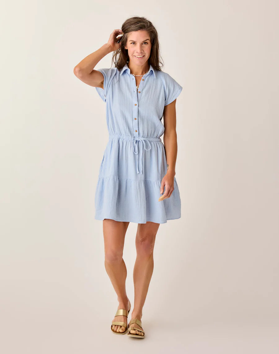 Woman wearing a light blue dress on a plain background