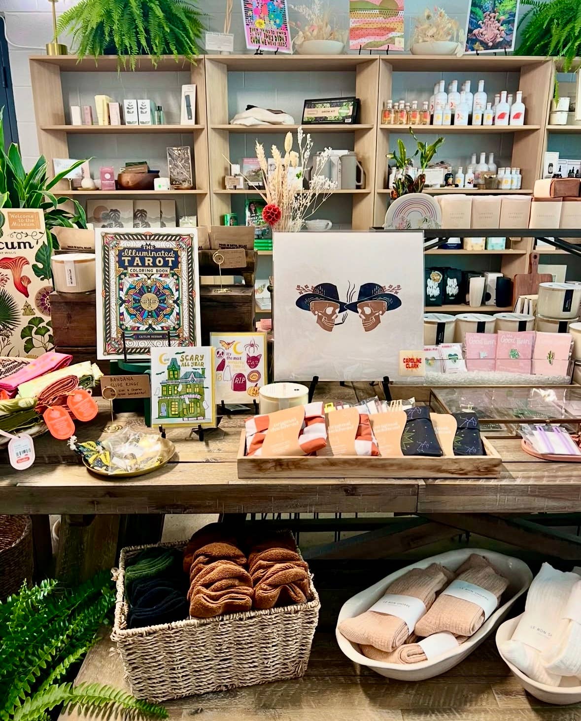 Caroline-Clark-art-print-mstgoods-colorful-landscape-art-on-table displayed in retail space with other goods