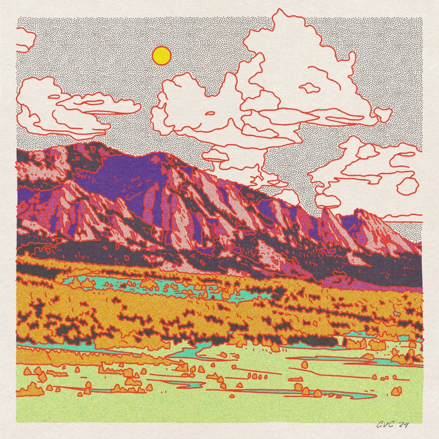 Colorful landscape with mountains, sky, and fields, featuring a stylized sun and clouds.