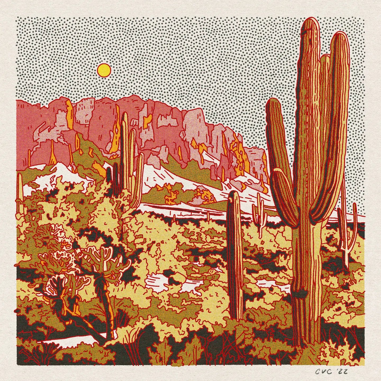 Desert landscape with cacti and mountains in a stylized, possibly linocut, print.