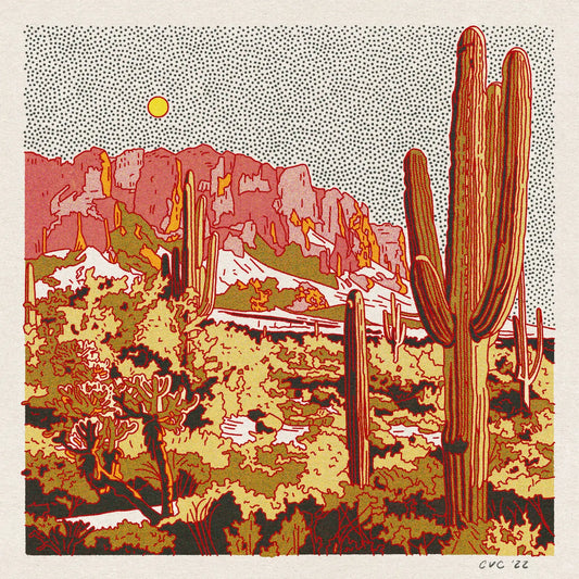 Desert landscape with cacti and mountains in a stylized, possibly linocut, print.