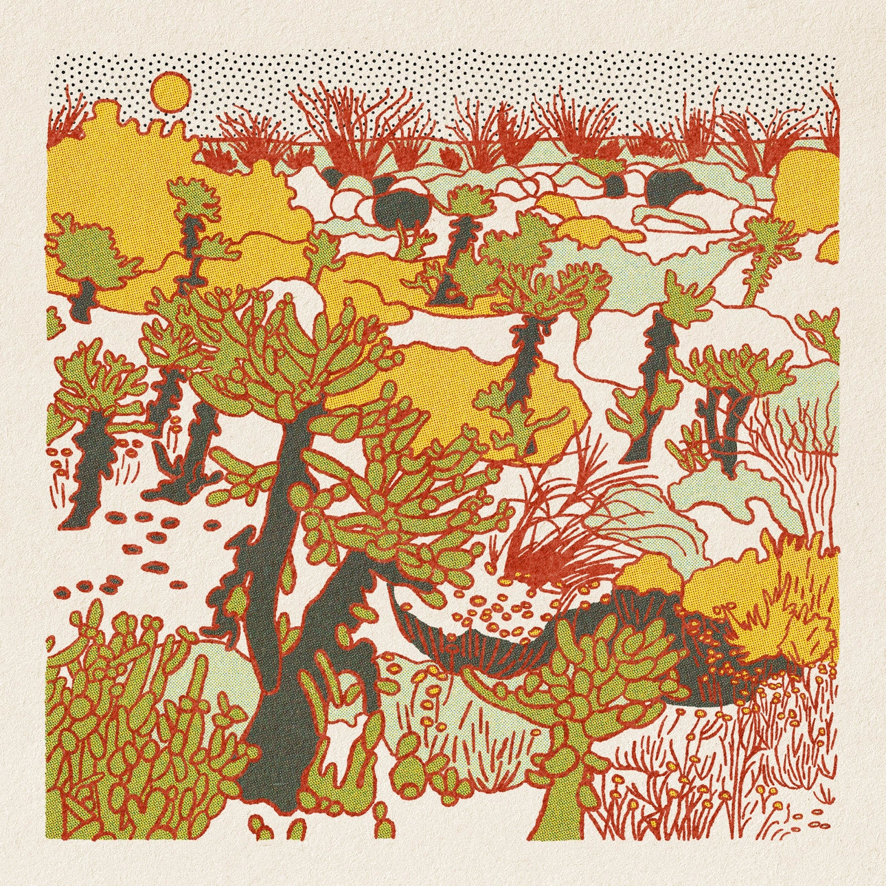 Artistic depiction of a forest with trees and underbrush in green, yellow, and brown on a beige background.