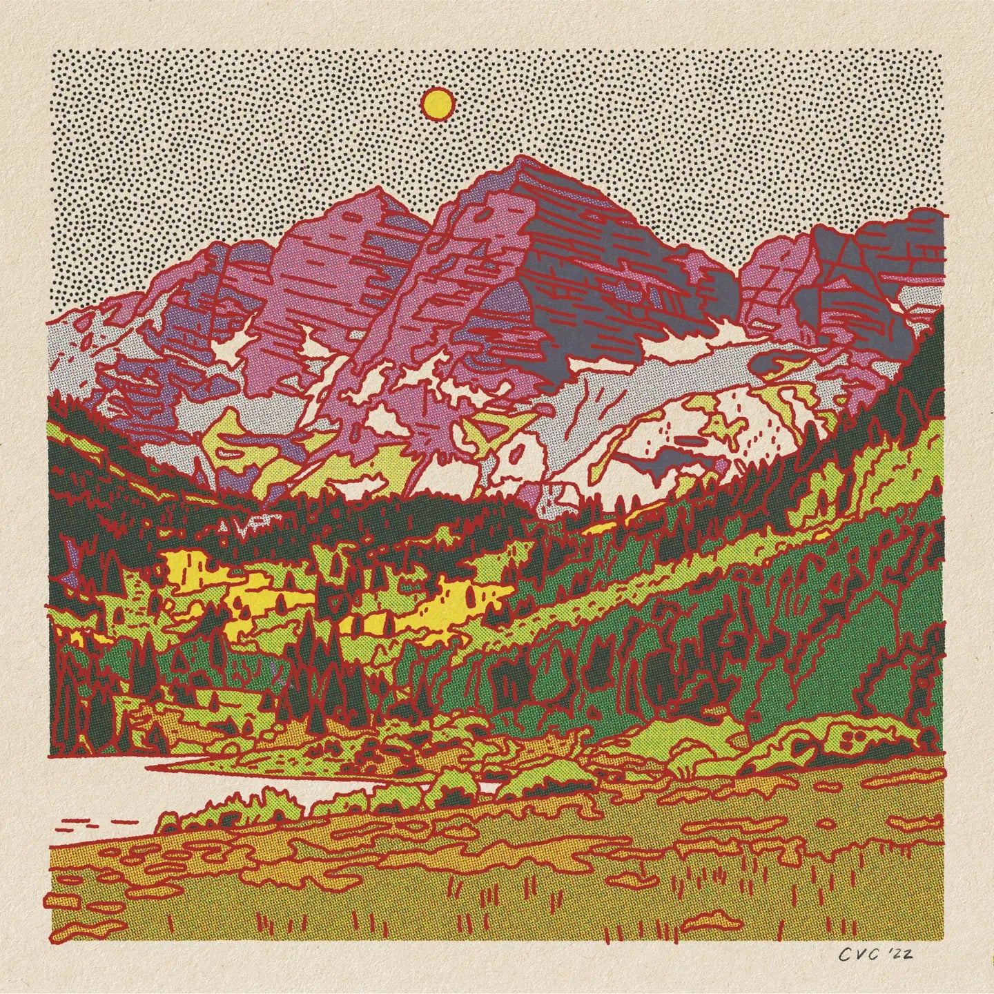 Colorful landscape with mountains and trees, stylized with dotwork texture.