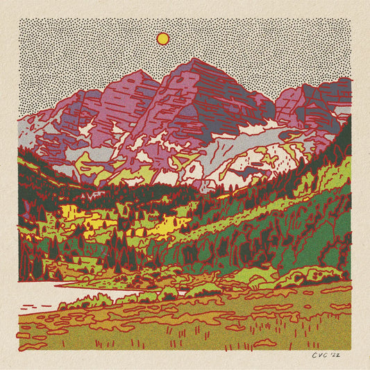 Colorful landscape with mountains and trees, stylized with dotwork texture.