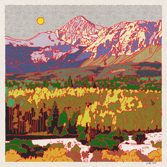 Colorful stylized landscape with mountains and trees