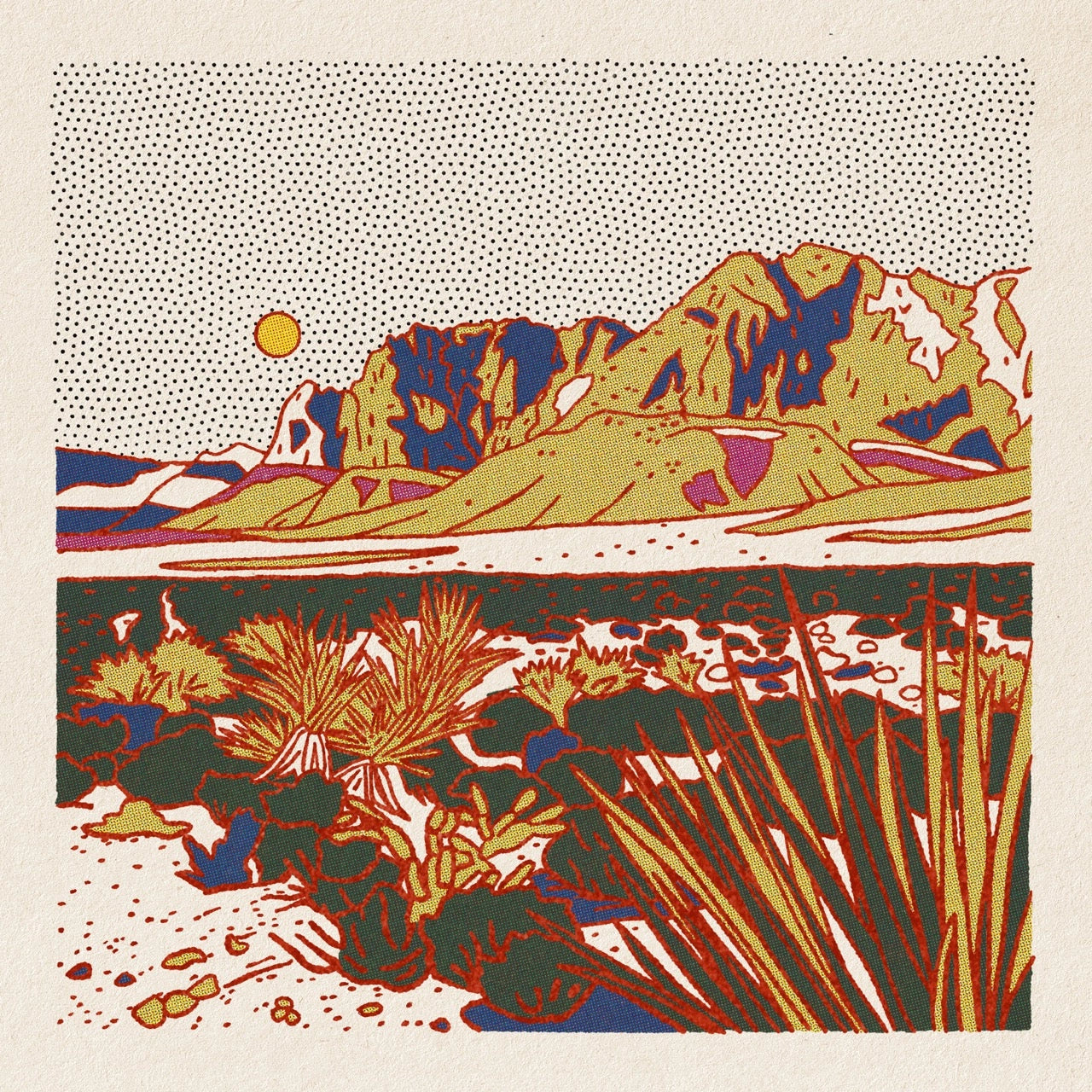 Colorful illustration of a mountain landscape with plants and a dot pattern.