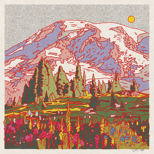Colorful illustration of a mountain landscape with trees and flowers.
