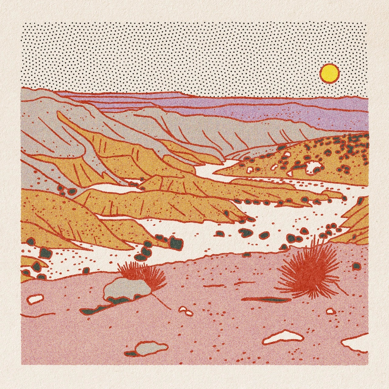Illustration of a desert landscape with mountains and a sun.