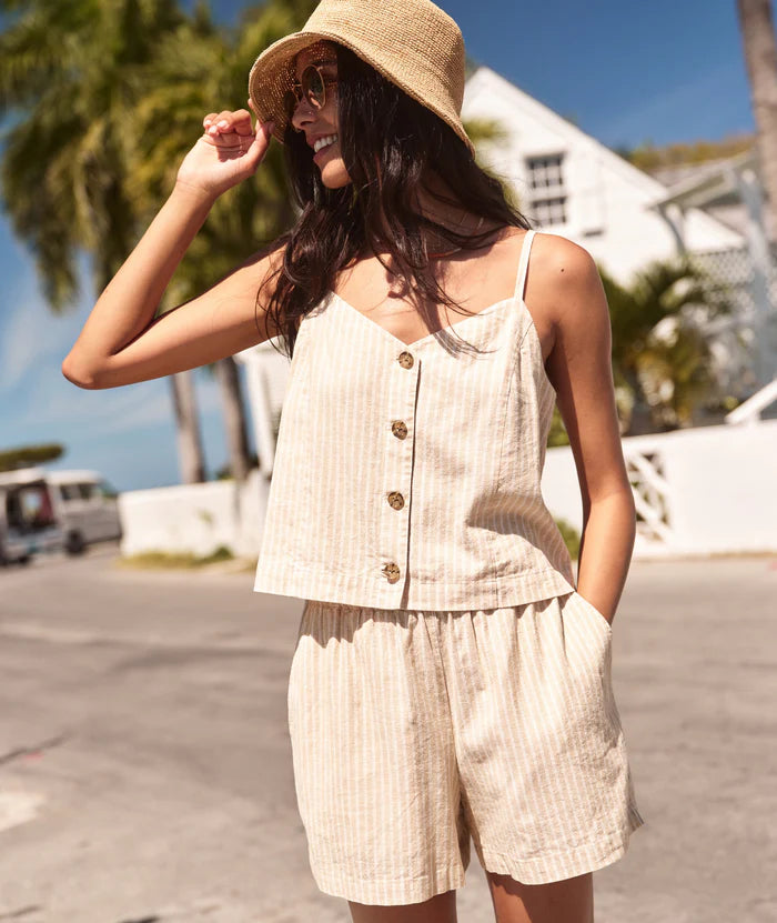 model wearing resort wear beach set 
Celeste-Hemp-Cami-Natural-Stripe-tank-shorts-set-mstgoods.com