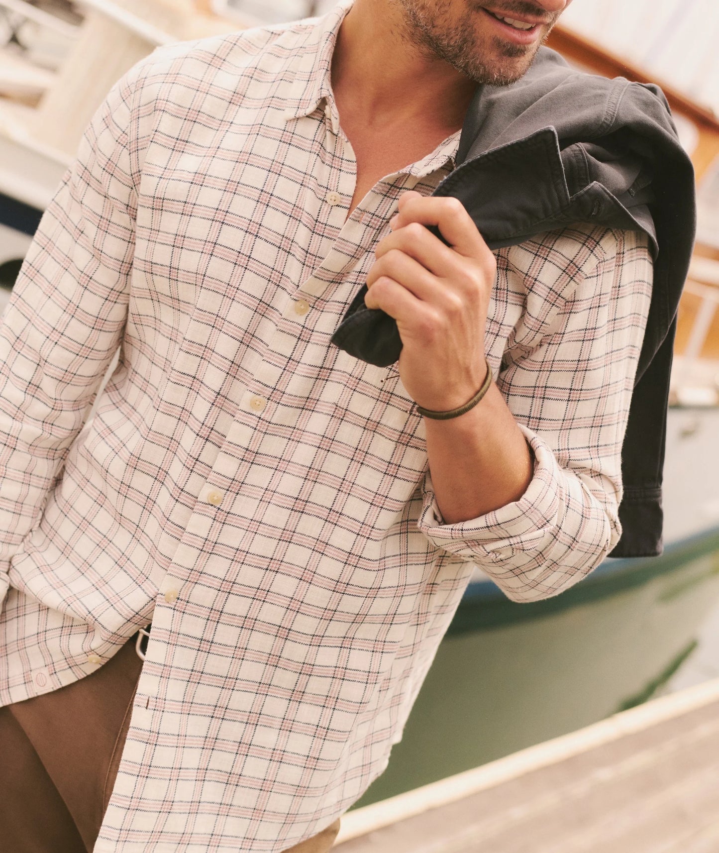 Stretch Selvedge Long Sleeve Shirt in White/Navy Check