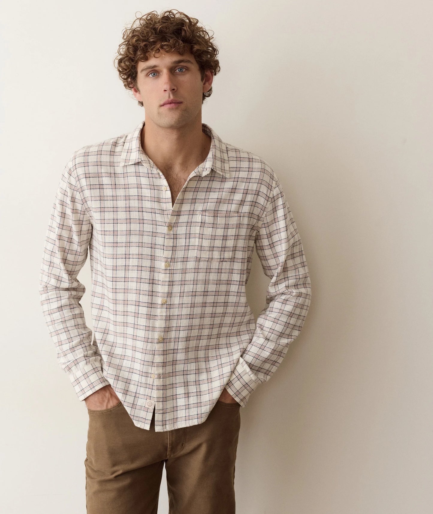 Stretch Selvedge Long Sleeve Shirt in White/Navy Check