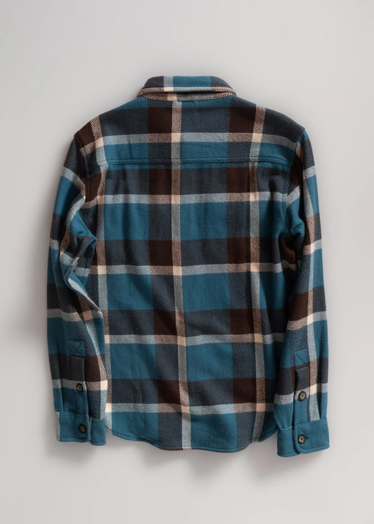 Plaid shirt with blue, brown, and beige pattern on a white background