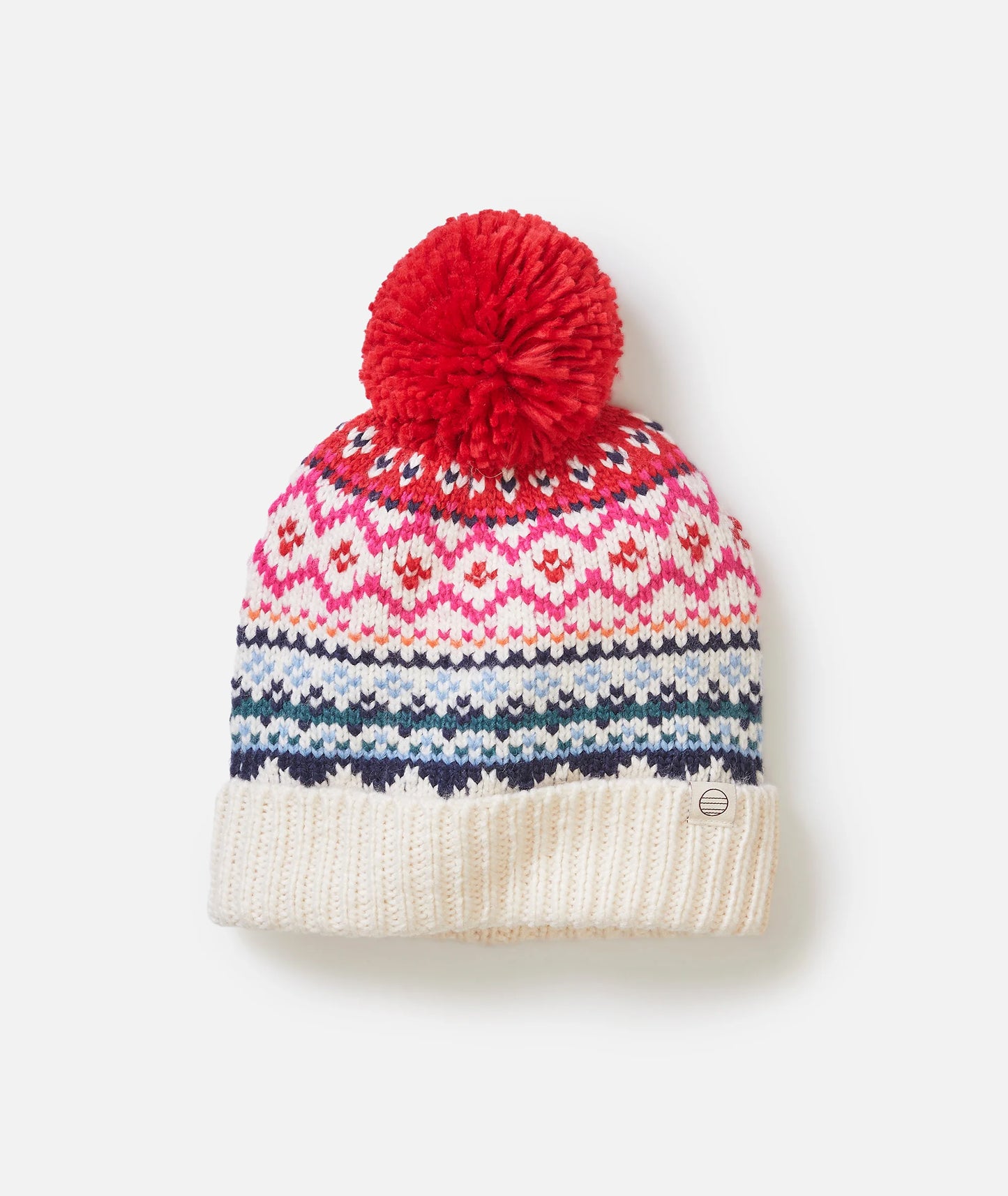 Knitted beanie with a red pom-pom on a white background