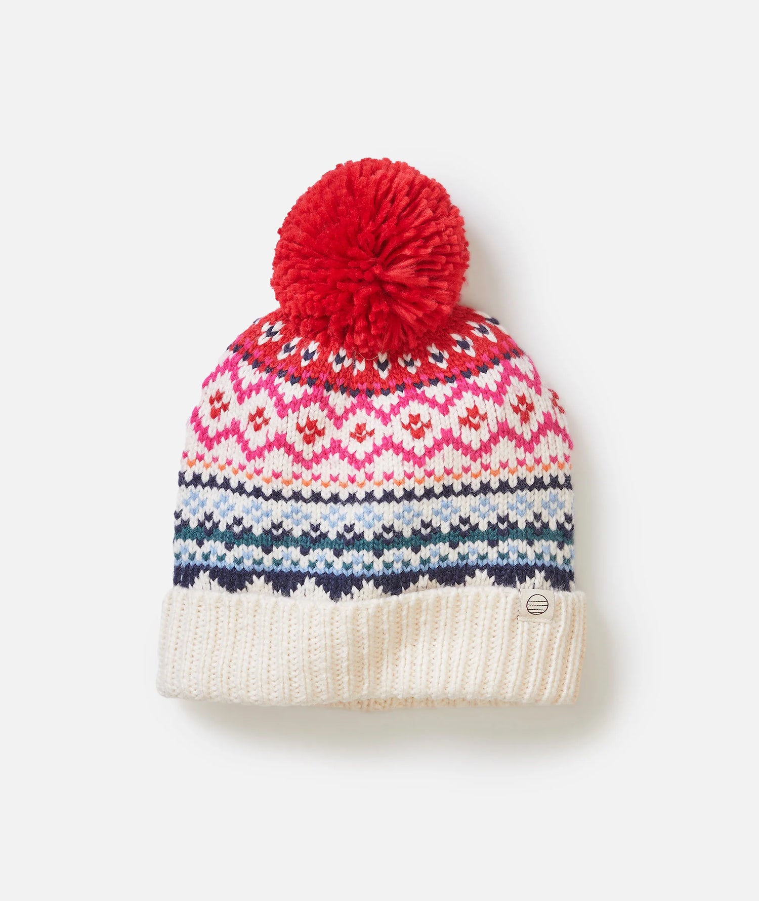 Knitted beanie with a red pom-pom on a white background
