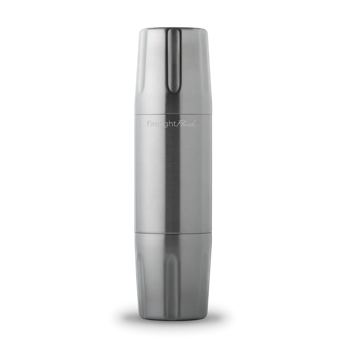 Silver cylindrical container with a reflective surface on a white background