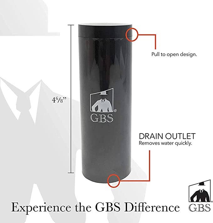 Black GBS travel mug with features highlighted on a white background