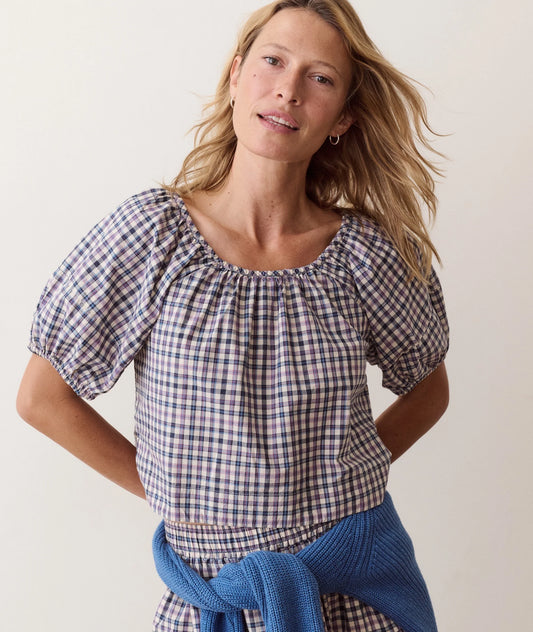 Gia Poplin Blouse Blue and Lavender Plaid