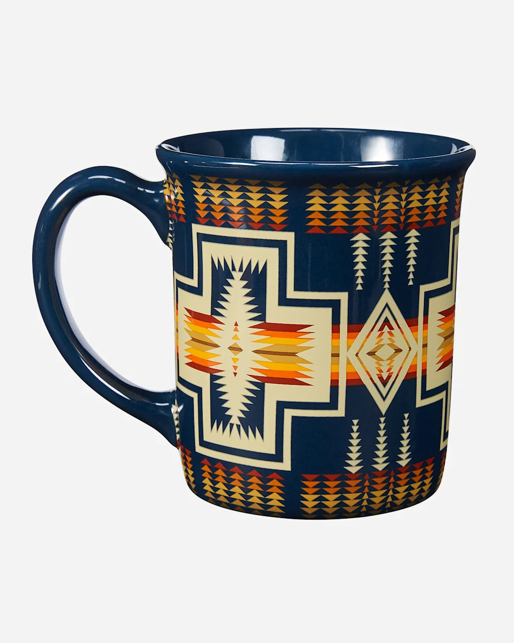 Navy blue mug with geometric pattern on a white background
