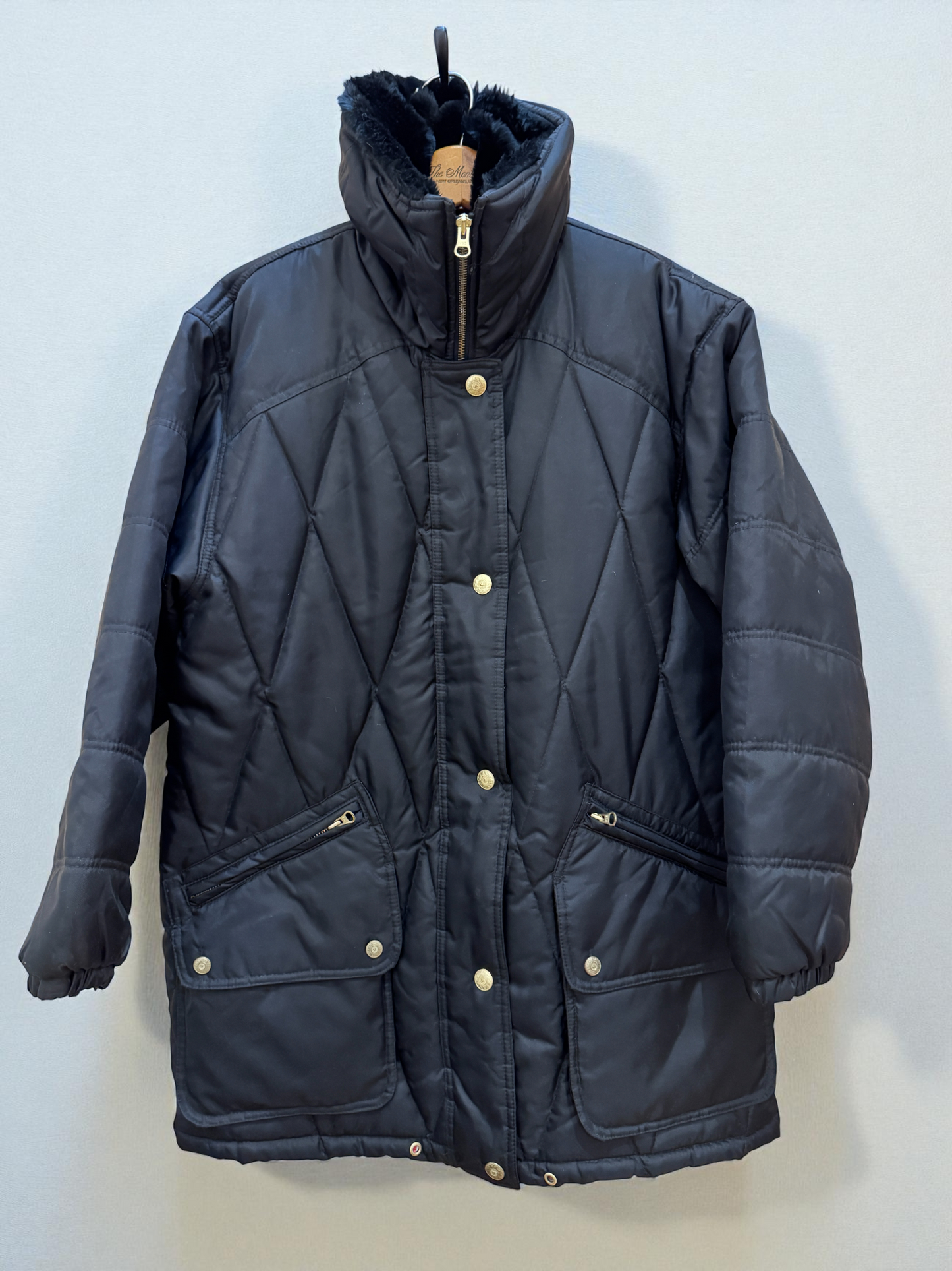 Vtg Gallery Y2k Velvet Coat Black Fur Collar Cuffed Lined Quilted Small