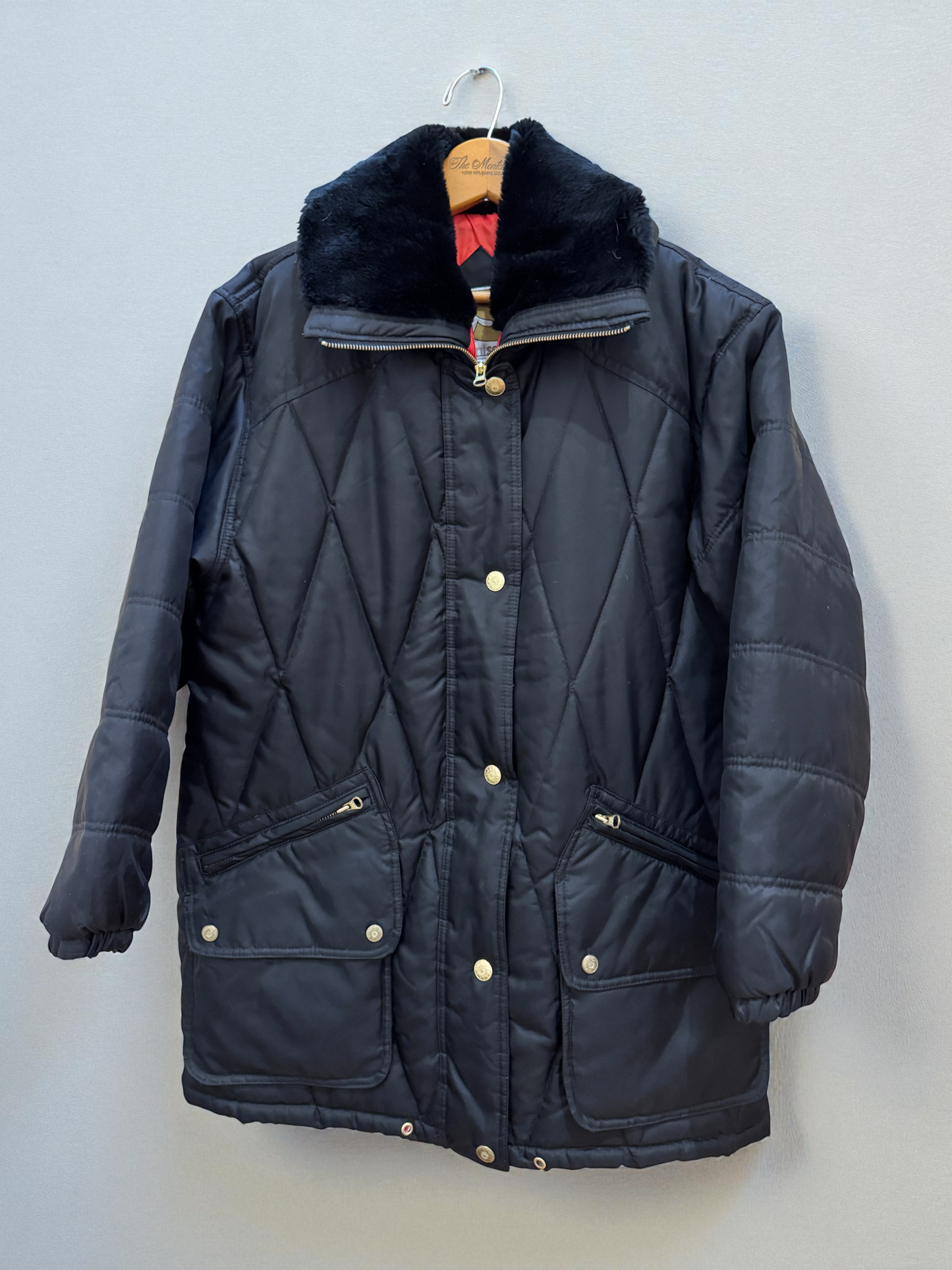 Vtg 1990s Faux Fur Collar Coat Quilted Black Zip Snap Red Lining Oversized