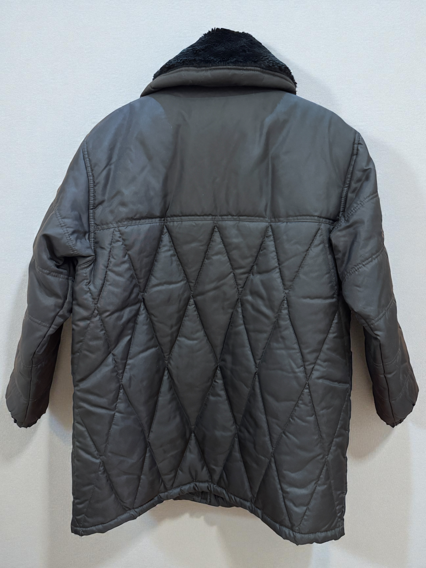 Vtg 1990s Faux Fur Collar Coat Quilted Black Zip Snap Red Lining Oversized