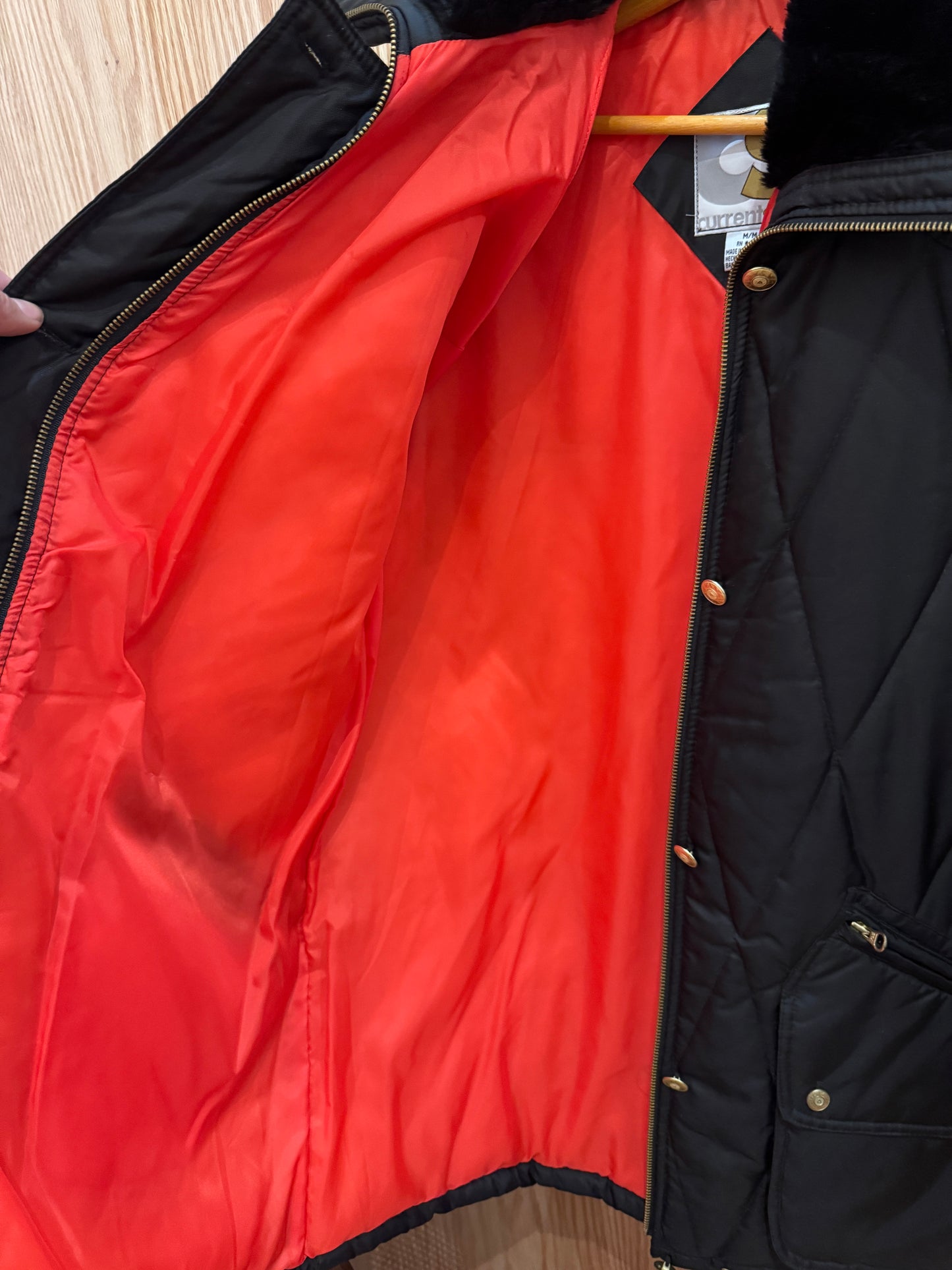 Vtg 1990s Faux Fur Collar Coat Quilted Black Zip Snap Red Lining Oversized