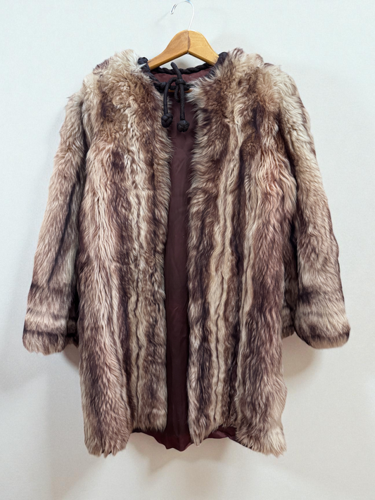 Vtg Long Fur Coat 1960s Tie Front Raccoon Fur Coat Striped Gorgeous S/M