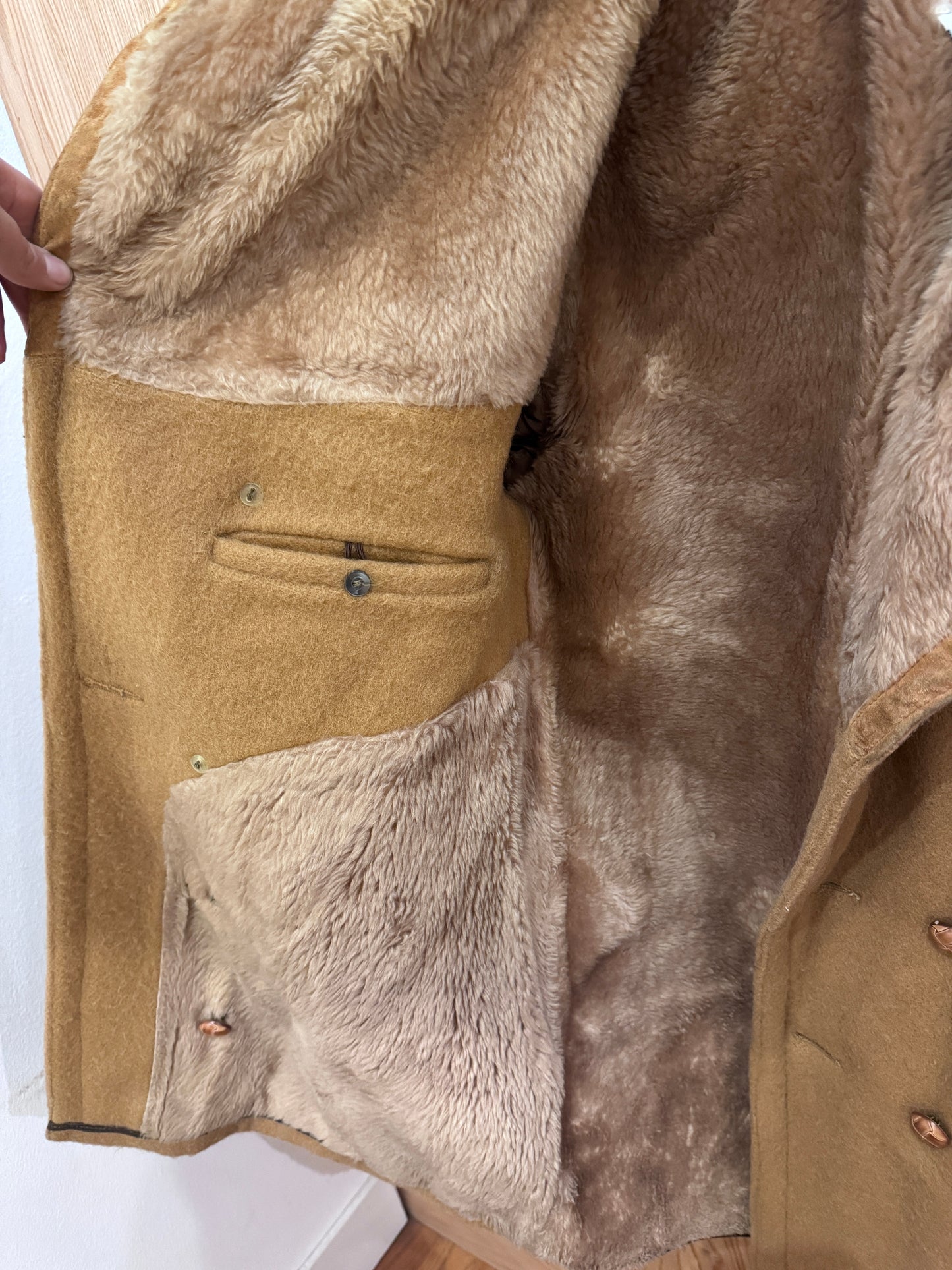 Vtg Hudson Bay Wool Peacoat Suede Trim Camel Tan Men's Large