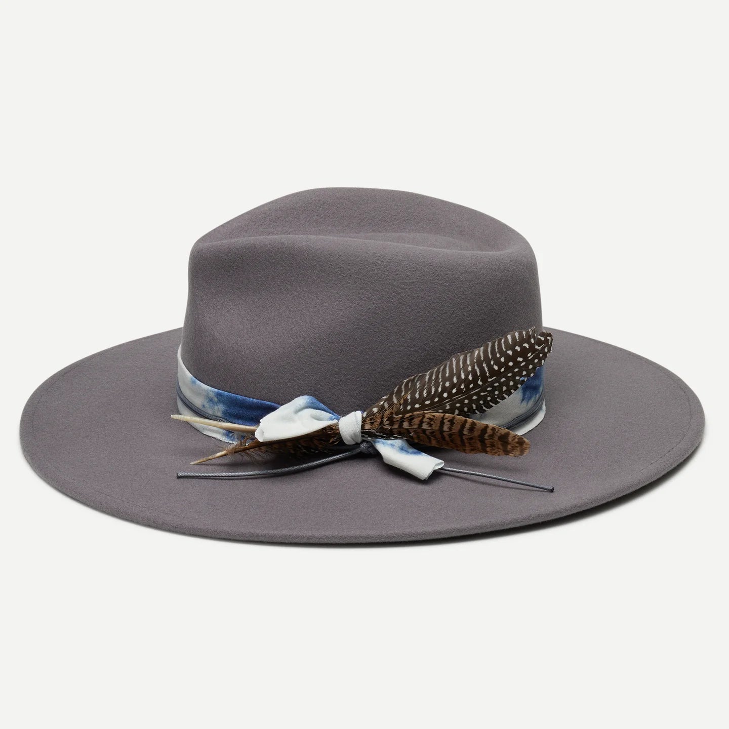 Gray fedora hat with feather and ribbon detail on a white background
