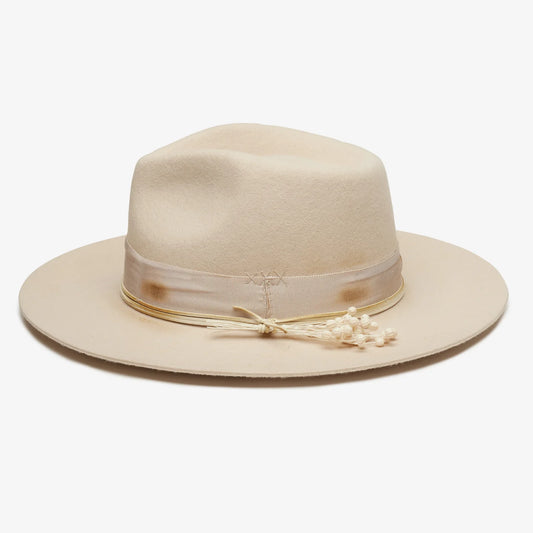 Beige hat with a decorative band on a white background