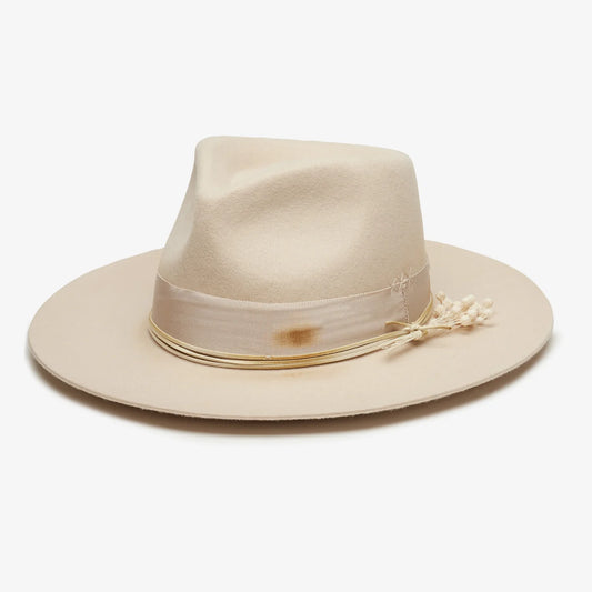 Beige fedora hat with a decorative band on a white background