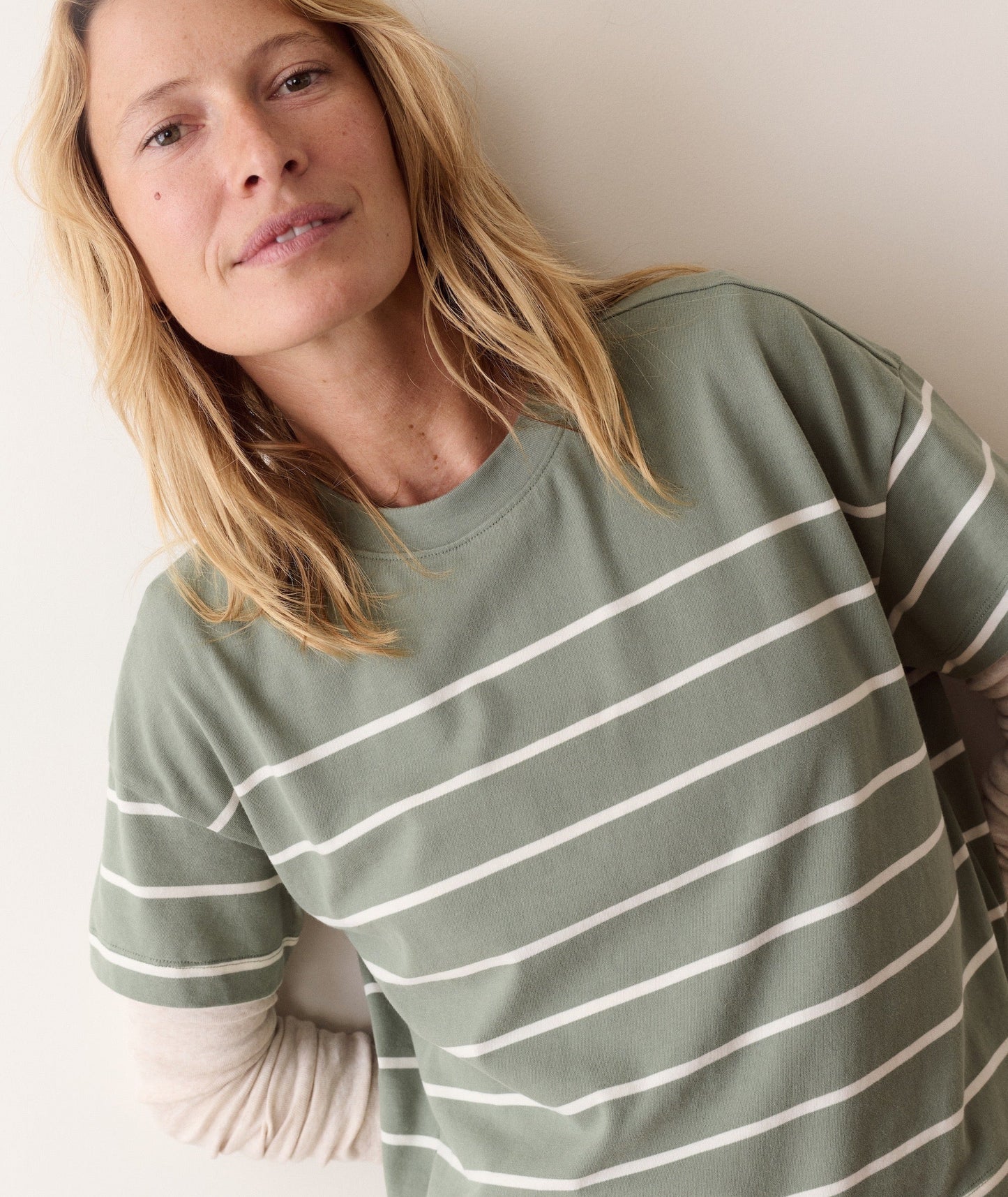 Dream Jersey Crew Tee in Sage and White Stripe